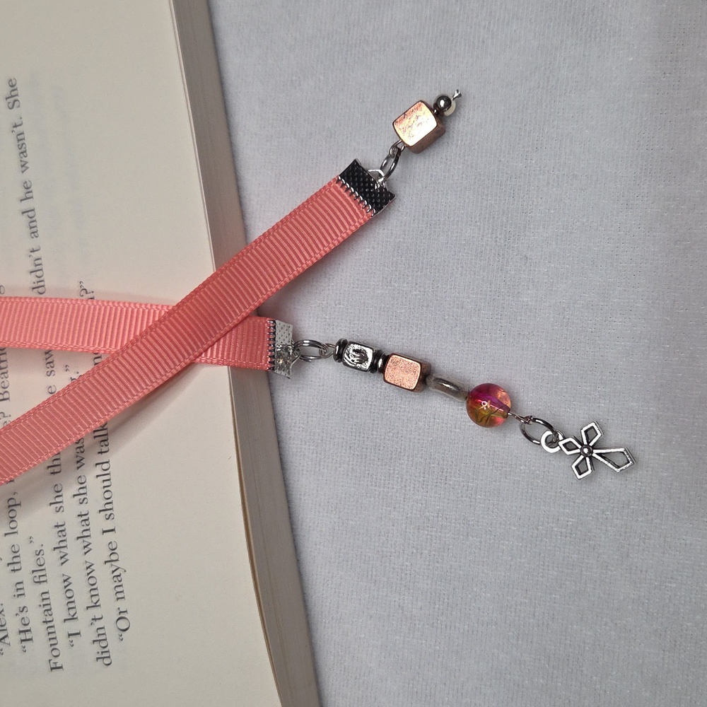 Handmade Coral Grosgrain Ribbon Beaded Bookmark Silver Cross Charm Book Mark